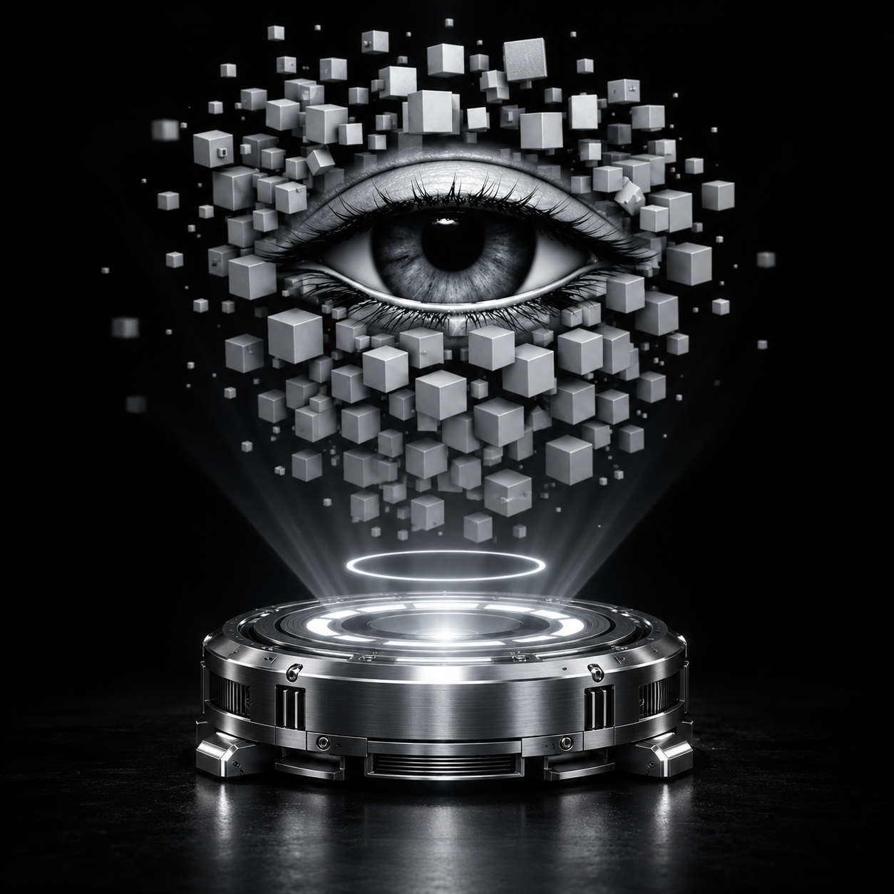 A silver eye floating above a holographic projector